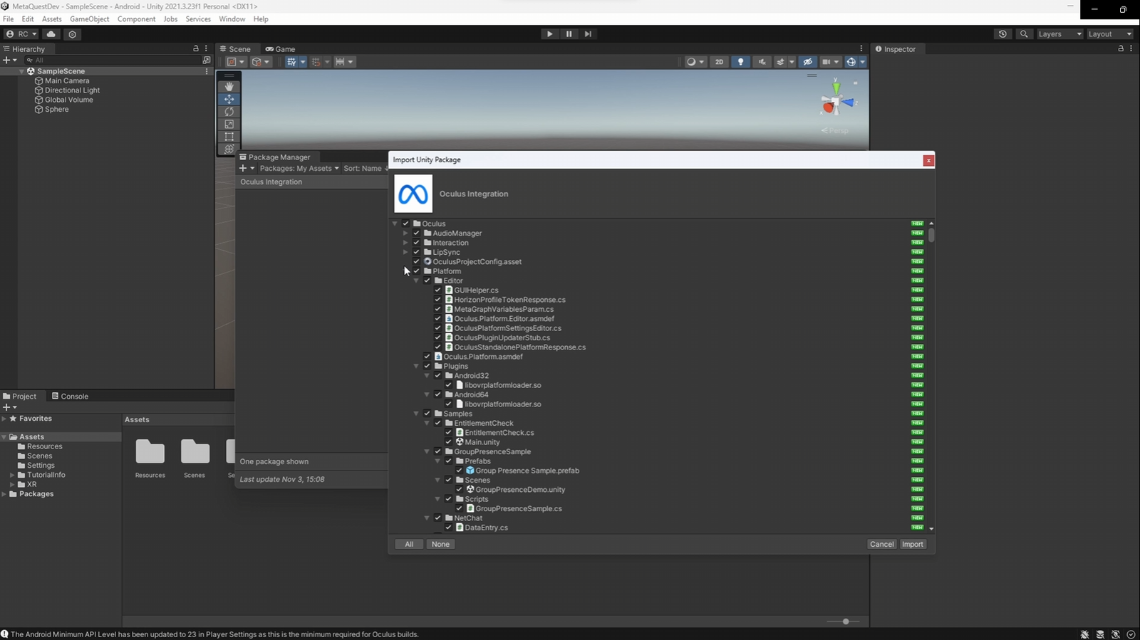 Importing Oculus Integration into the Unity project