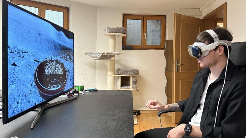 Testing a chess experience on Apple Vision Pro, mirrored on a nearby display